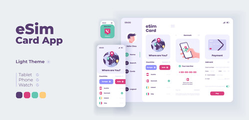 Global telecommunication app screen vector adaptive design template. Network coverage application day mode interface with flat characters. Smartphone, tablet, smart watch cartoon UI