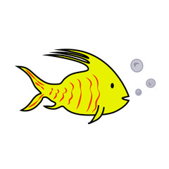 Yellow sea fish with a long upper fin and red stripes. Air bubbles. Isolated on white. Vector EPS10.