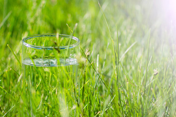 clear water in a glass on a background of green grass. The concept of environmental problems. Background with place for text, copy space.