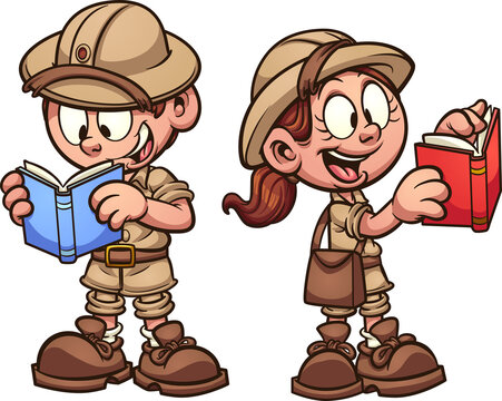 Safari kids with explorer outfits, reading books. Vector clip art illustration with simple gradients. Each on a separate layer.
