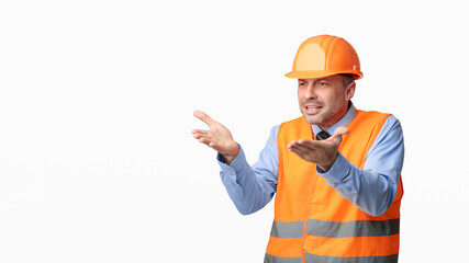 Discontented Construction Worker Gesturing Posing On White Background, Panorama
