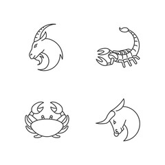 Astrological signs pixel perfect linear icons set. Goat, crab, scorpion and bull zodiac customizable thin line contour symbols. Isolated vector outline illustrations. Editable stroke
