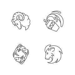 Horoscope signs pixel perfect linear icons set. Ram, water bearer, lion and fish zodiac customizable thin line contour symbols. Isolated vector outline illustrations. Editable stroke