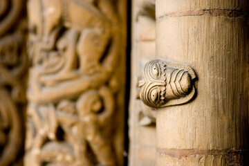 Original stone carvings around the west front door, Lincoln Cathedral, Lincoln, Lincolnshire, UK...