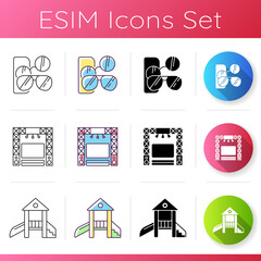 Shopping mall categories icons set. Online store products. Stylish sunglasses. Entertainment center. Children play area. Linear, black and RGB color styles. Isolated vector illustrations
