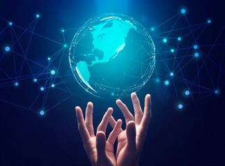 Hands Holding Holographic World Globe Over Blue Background, Cropped