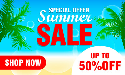 Summer sale design with 50% discount for summer holiday. Special offer summer sale. Vector illustration