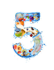 Number 5 made of water splashes with fruits and berries, isolated on a white background