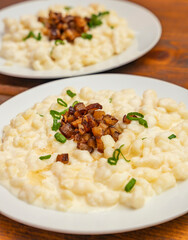 Slovakian halusky dish with bacon
