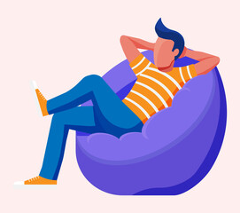 Young man sitting and chilling on bean bag. Man is resting in bag chair. Freelancer relaxing after work. Hipster character in jeans and t-shirt. Flat vector illustration