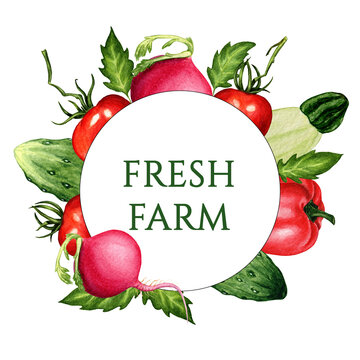 Hand drawn watercolor vegetables an lettering Fresh farm on white background. Logo for farm market, vegan shop.