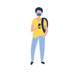 Man with medical mask bag and smartphone vector design
