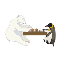 Polar bear and Emperor penguin are playing chess in Cartoon style on white isolated background, vector stock illustration, concept of Hobby Games, Antarctic Animals, Quarantine pastime, Wildlife.