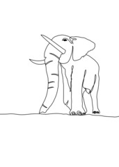 drawing line, a young elephant was walking looking for something. Vector illustration