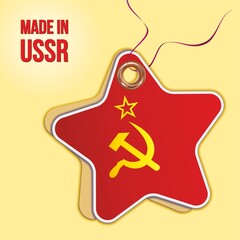 Made in USSR. Flag of the Soviet Union, Label price tag in the form of a paper star. Bright, beautiful vector image for any of your projects. Red banner with a sickle and a hammer.
