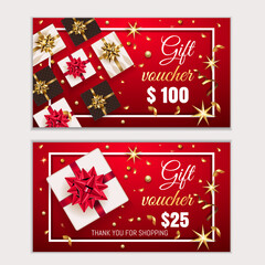 Obraz na płótnie Canvas Voucher, Gift certificate, Coupon template with frame, bow, ribbons, present. Holiday celebration background design Christmas, New Year, Birthday for invitation, banner. Vector in red, gold colors.