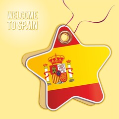 Welcome to Spain. Flag of Spain, Travel to the Kingdom of Spain. product emblem.  Label price tag in the form of a paper star. Bright, beautiful vector image for any of your projects. 