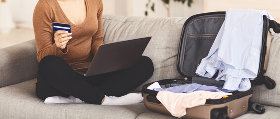 Girl Using Laptop And Credit Card At Home, Cropped, Panorama