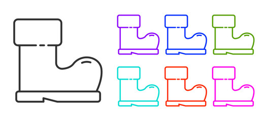 Black line Waterproof rubber boot icon isolated on white background. Gumboots for rainy weather, fishing, gardening. Set icons colorful. Vector Illustration