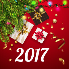 Vector 2017 Happy New Year background with golden gifts bow under fir tree. Christmas decoration, confetti, light garlands on a greeting card.