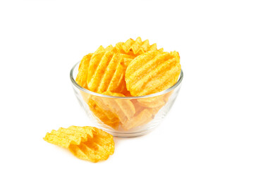 Potato chips on bowl isolated on white background