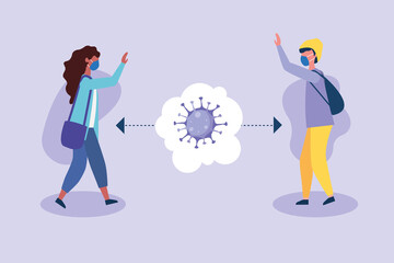 Social distancing between boy and girl with masks vector design