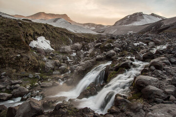 Waterfall and stones near Nevados de Chillan in Chile, South America