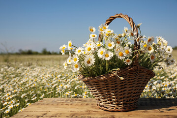 Basket with beautiful chamomiles on wooden table in field