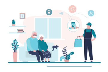 Elderly people stay at home. Free medication delivery. Online pharmacy, delivery man hold bag with medical drugs.