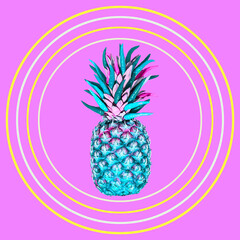 Contemporary collage. Turquoise pineapple with hot pepper on a pink background with multi-colored circles.