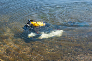 A river diver cleans the bottom of the river from debris. Environmental Protection. Ecology