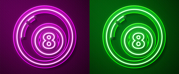 Glowing neon line Billiard pool snooker ball icon isolated on purple and green background. Vector Illustration