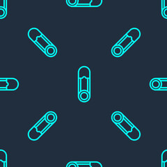 Green line Classic closed steel safety pin icon isolated seamless pattern on blue background. Vector Illustration