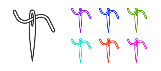 Black line Needle for sewing with thread icon isolated on white background. Tailor symbol. Textile sew up craft sign. Embroidery tool. Set icons colorful. Vector Illustration