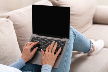 Chatting on couch with client. Woman typing on laptops with blank screen
