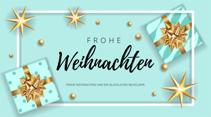 Fototapeta na wymiar Christmas modern blue background with gifts box with a gold bow. Template for postcard, booklet, leaflet, poster. Vector illustration EPS10 German congratulation text Frohe Weihnachten.