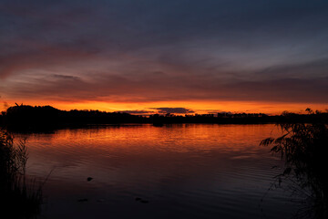 Sunset over the pond Rezabinec near Pisek town, Southern Bohemia, Czech Republic