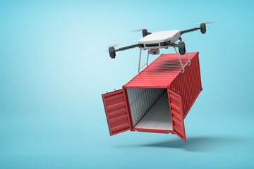 3d rendering of drone lifting opened red shipping container on blue background