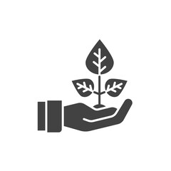 Plant based black glyph icon. Label for cosmetic natural product sign. Hand holding herb. Environment protect. Pictogram for web page, mobile app, promo. UI UX GUI design element