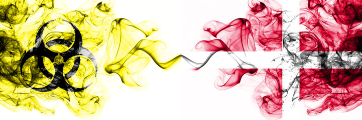 Denmark, Danish Quarantine. Coronavirus COVID-19 lockdown. Smoky mystic flag of Denmark, Danish with biohazard symbol placed side by side.