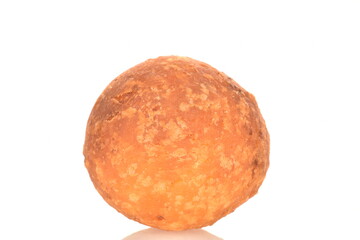 Fresh aromatic, cheese donuts, close-up, on a white background.