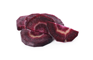 Slices of raw purple carrot isolated on white