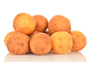 Fresh aromatic, cheese donuts, close-up, on a white background.