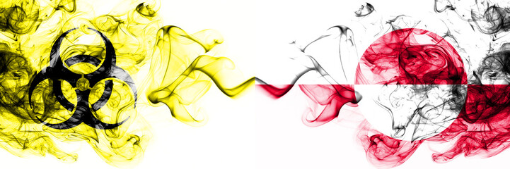 Greenland Quarantine. Coronavirus COVID-19 lockdown. Smoky mystic flag of Greenland with biohazard symbol placed side by side.