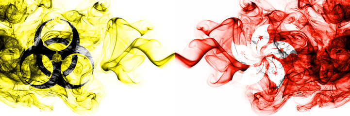Hong Kong, China Quarantine. Coronavirus COVID-19 lockdown. Smoky mystic flag of Hong Kong, China with biohazard symbol placed side by side.