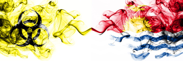 Kiribati Quarantine. Coronavirus COVID-19 lockdown. Smoky mystic flag of Kiribati with biohazard symbol placed side by side.