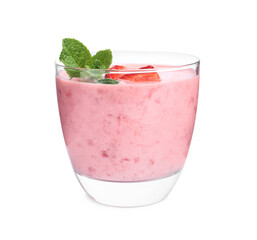 Tasty strawberry smoothie with mint in glass isolated on white