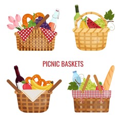 Set with picnic baskets full of food and drinks wine, fruits, vegetables, pretzel, baguette for outdoor lunch. Vector illustration