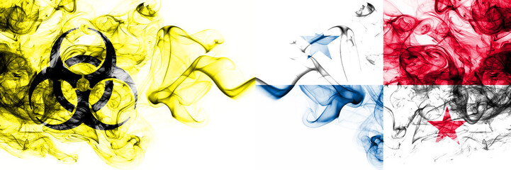 Panama Quarantine. Coronavirus COVID-19 lockdown. Smoky mystic flag of Panama with biohazard symbol placed side by side.