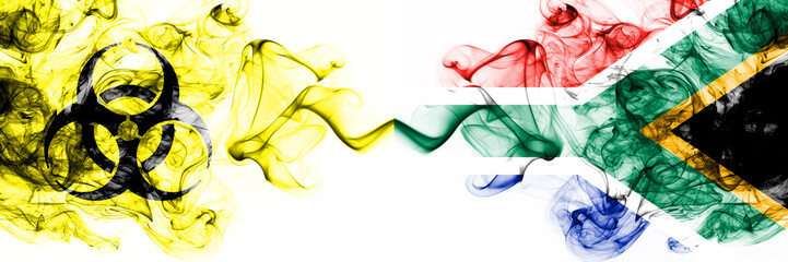 South Africa, African Quarantine. Coronavirus COVID-19 lockdown. Smoky mystic flag of South Africa, African with biohazard symbol placed side by side.